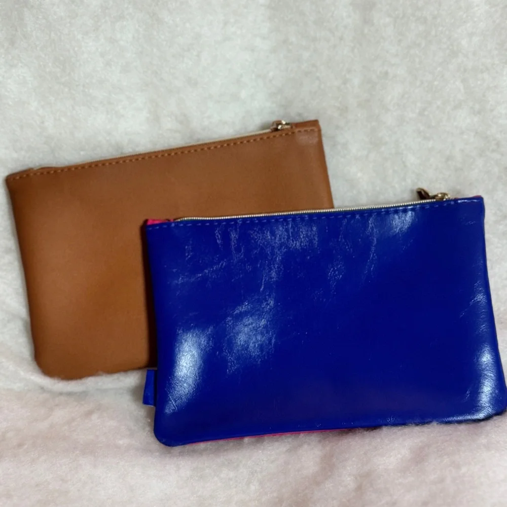 2pc Ipsy‎ Zipper Pouch Makeup Bags -Pink/Blue & Tan with Stripes.